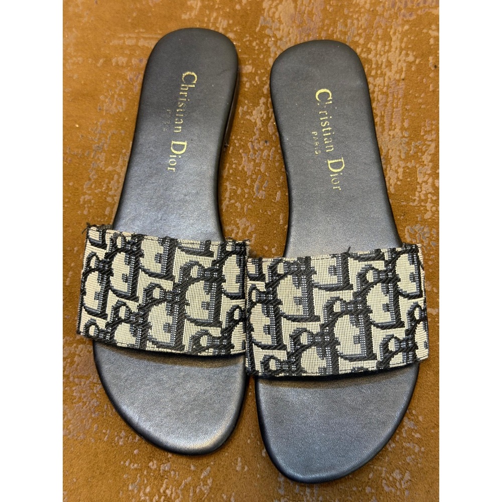 Christian Dior Dway Slides Blue Oblique Embroidered Flat Sandals Size 40 Italy